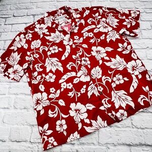 Alohawears Hawaiian Shirt Red White Hibiscus Print Cotton Men's 2X USA Resort